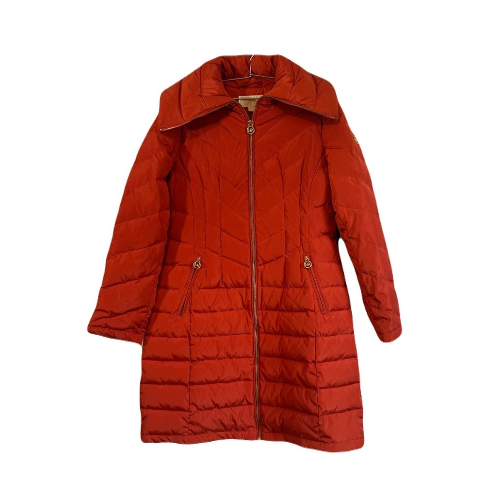 Michael Kors Women Burnt Orange Down Puffer Coat Chevron Quilted Parka Medium